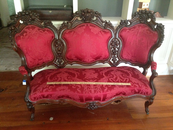 Rococo Rosewood Parlor Sofa Red Silk - 1850’s