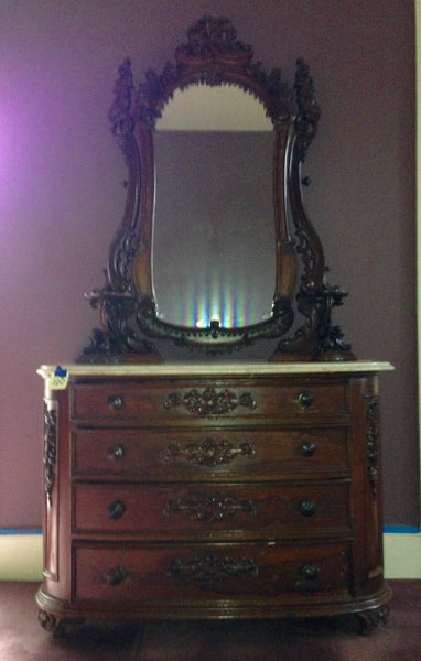 Antique Victorian Crotch Mahogany & White Marble Top Chest of Drawers, , Dressers, Deep South Antiques Deep South Antiques