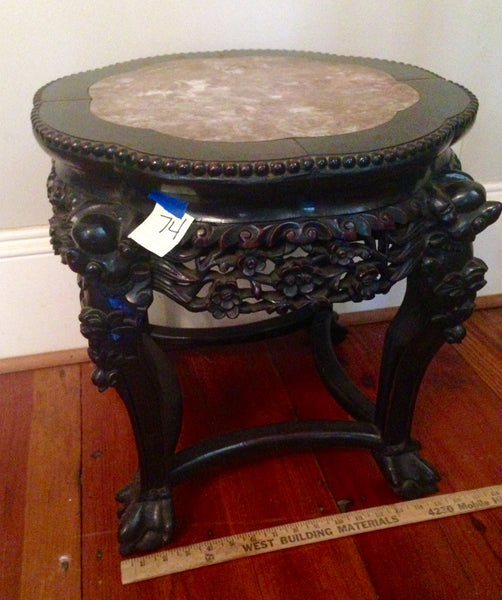 Finely Carved Oriental Teak Marble Top Chinese Plant Stand Asian End Table, , Tables, Deep South Antiques Deep South Antiques